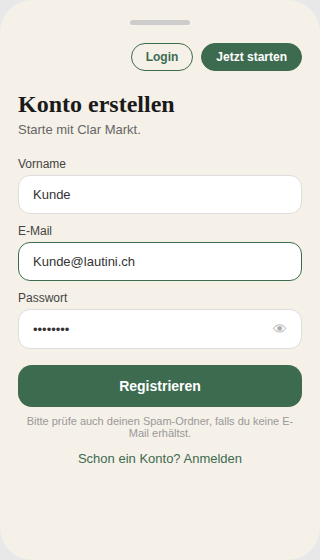 Registrierungsformular von Clar Markt