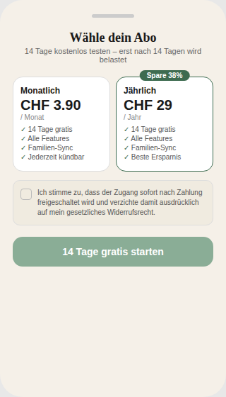 Auswahl des Abos: Monatlich oder Jährlich