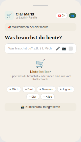 Clar Markt App mit leerer Einkaufsliste